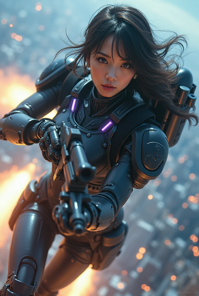 photo-realistic, ultra-realistic, very beautiful Japanese, famous Japanese idol, 20 years old, dramatic scene, masterpiece, beautiful eyes, (extremely intricated with extremely complex futuristic cyber punk mecha armored full-face gas mask:1.5), (wearing extremely intricated with extremely complex multi-layered cyber punk mecha-suits with neon marker:1.4), (She uses the ultra high power rocket engine on her back to flying high speed in the sky:1.5), amazing view from sky, surprising, acrobatic pose, dynamic angle, (shoot from behind), Nimble movements, Sharp turns, (very large breasts), (Fully equipped for battle:1.3), (holding m4a1 large assault rifle:1.2),