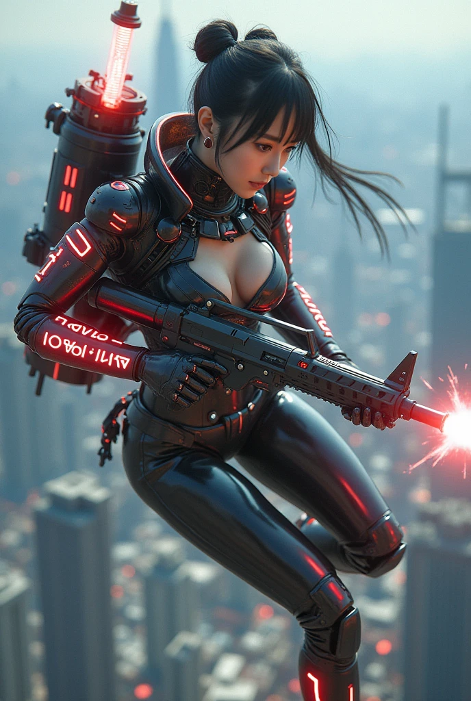 photo-realistic, ultra-realistic, very beautiful Japanese, famous Japanese idol, 20 years old, dramatic scene, masterpiece, beautiful eyes, (extremely intricated with extremely complex futuristic cyber punk mecha armored full-face gas mask:1.5), (wearing extremely intricated with extremely complex multi-layered cyber punk mecha-suits with neon marker:1.4), (She uses the ultra high power rocket engine on her back to flying high speed in the sky:1.5), amazing view from sky, surprising, acrobatic pose, dynamic angle, (shoot from behind), Nimble movements, Sharp turns, (very large breasts), (Fully equipped for battle:1.3), (holding m4a1 large assault rifle:1.2),