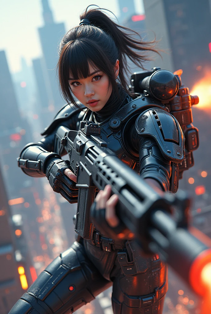 photo-realistic, ultra-realistic, very beautiful Japanese, famous Japanese idol, 20 years old, dramatic scene, masterpiece, beautiful eyes, (extremely intricated with extremely complex futuristic cyber punk mecha armored full-face gas mask:1.5), (wearing extremely intricated with extremely complex multi-layered cyber punk mecha-suits with neon marker:1.4), (She uses the ultra high power rocket engine on her back to flying high speed in the sky:1.5), amazing view from sky, surprising, acrobatic pose, dynamic angle, (shoot from behind), Nimble movements, Sharp turns, (very large breasts), (Fully equipped for battle:1.3), (holding m4a1 large assault rifle:1.2),