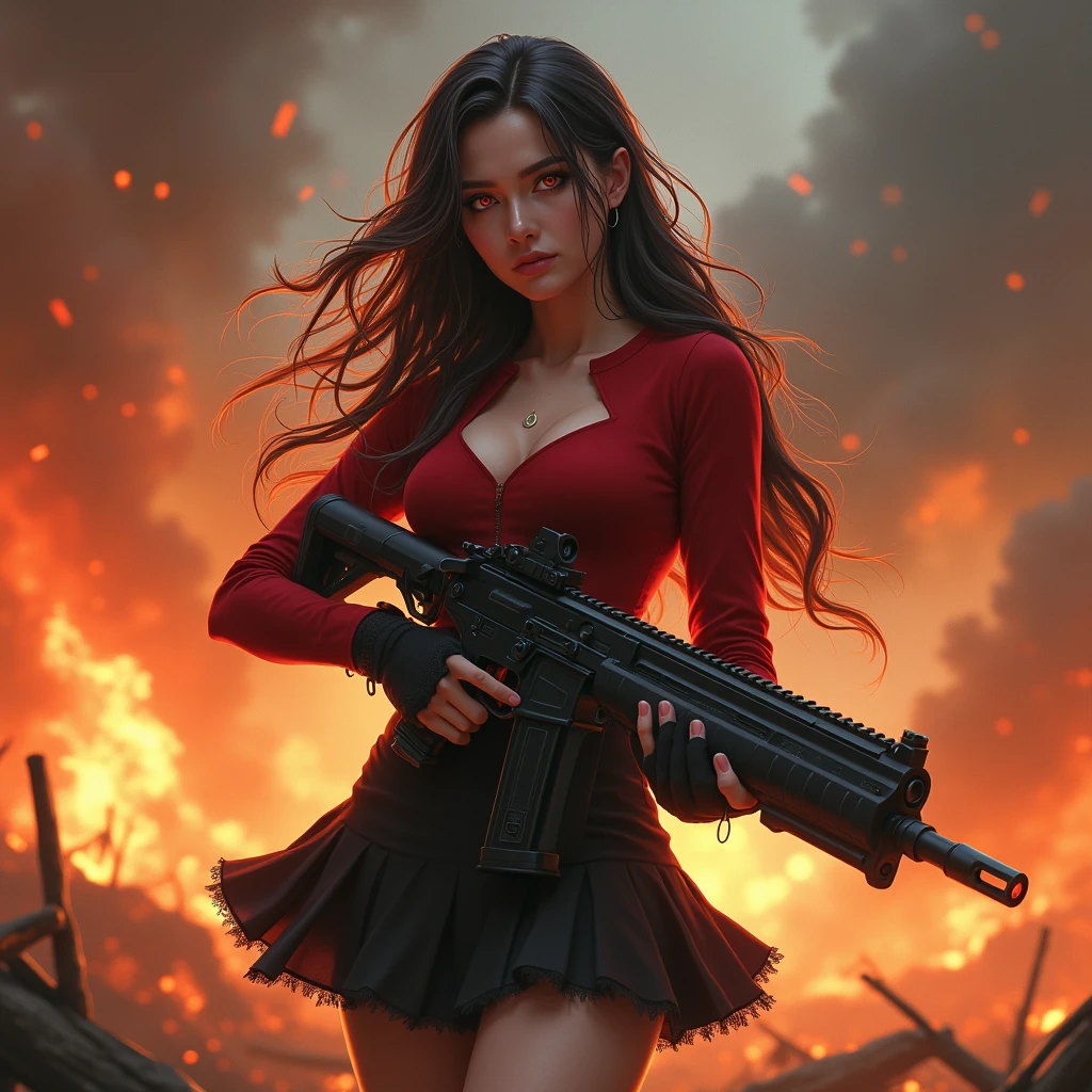 Side background has a name reading IVY, red eyes, long hair, holding a big gun, 21 year old woman, red top and black skirt, highest image quality, fiery background apocalyptic, SQUARE PHOTO 1080x1080