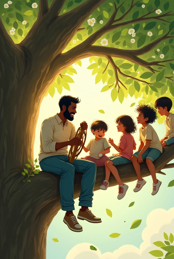 a , My father is dark-skinned and the clothes he was wearing were blue cloth pants and a long-sleeved shirt. , playing under a linden tree. He is sitting on a branch of the linden tree and had a wooden steering wheel,The linden tree is large and leafy, with white flowers and green leaves. The sun shines through the leaves, lighting the scene. Your dad laughs and has fun, enjoying his driving game. There were 8 passengers each on a branch as seats and he handed them a sheet of paper with 1000 LOVES. It's the best memory of my dad