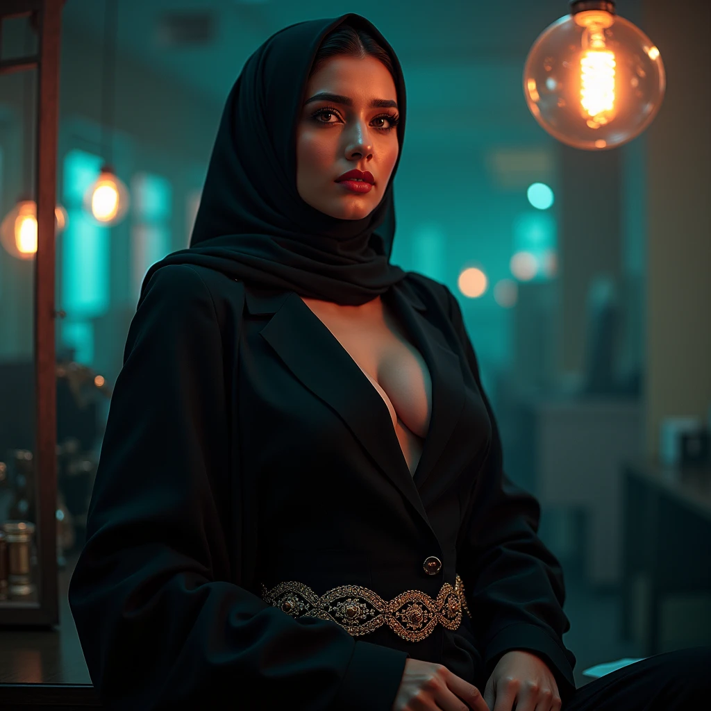 A beautiful, hot, busty Pakistani hijabi girl in formal office attire, wearing a waist chain around her exposed navel, photorealistic, hyper detailed, 8K, masterpiece, elegant, fashionable, mystical, glowing skin, piercing eyes, lush lips, long lashes, graceful pose, dramatic lighting, intricate patterns, luxurious textures, cinematic composition, vibrant colors, fantasy, dreamlike