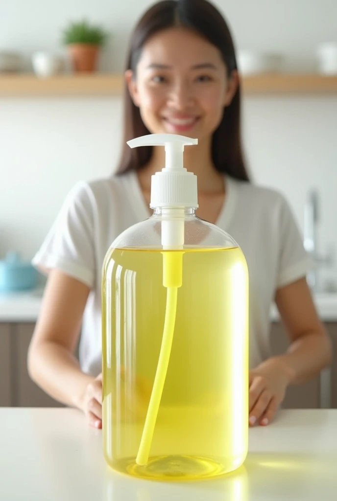 DISHWASH yellow transparent clear liquid bottle
Kitchen background
Lady