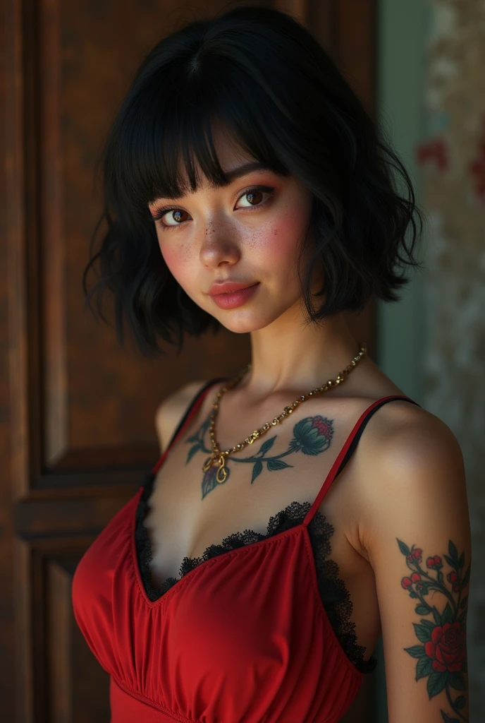2, gorgeous cute Russian girl, smirk, freckles, 1girl, cowboy shot of beautiful ada, looking at viewer, red dress, black hair, blush, short hair, athletic night, volumetric lighting, White batik dress with black layers , best quality, masterpiece, intricate details, tonemapping, sharp focus, hyper detailed, trending on Artstation, ada, realistic armpits sweaty and hairy a lot, good young girl, (masterpiece:1.0),(best_quality:1.0), ultra high res,4K,ultra-detailed, photography, 8K, HDR, highres, absurdres:1.2, Kodak portra 400, blurry background, bokeh, lens flare, (vibrant_color:1.2),professional photograph,(the_tattoo:1.5),(Beautiful,large_Breasts), (beautiful_face:1.5),(narrow_waist).