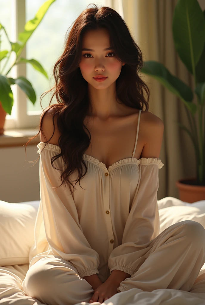 (photorealism:1.2), Vietnamese beautiful woman, sitting on bed, wearing loose off-shoulder top, pajama pants, long curly hair, indoors, soft lighting, plants in background, window with sunlight, cozy room, relaxed pose, realistic, intricate details, warm colors, by Greg Rutkowski, by Alphonse Mucha