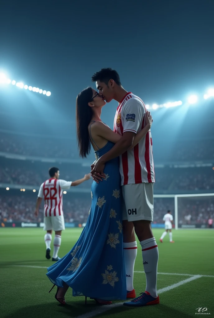 A man and woman kissing eachother in football stadium ground at night time all spot light on them woman is wearing glasses and had black hair . Woman is wearing blue dress high heels . Man is wearing white and red colour 32 number jersey. Siddharth written on jersey. Woman is cupping man s face . Man s one foot resting on a soccer ball. Man is 1 feet taller than woman. Add some audiance in stedium . . Make it real .make boy handsome . Man 2 feet taller than woman. Jersey number is 32. Add goal net in back ground . One man is back towards Siddharth and he is also wearing 22 number white and red jersey. Write neil on jersey . He is standing near them with his back joining fist man s back. Make dress long and floral and hair set in straight.
