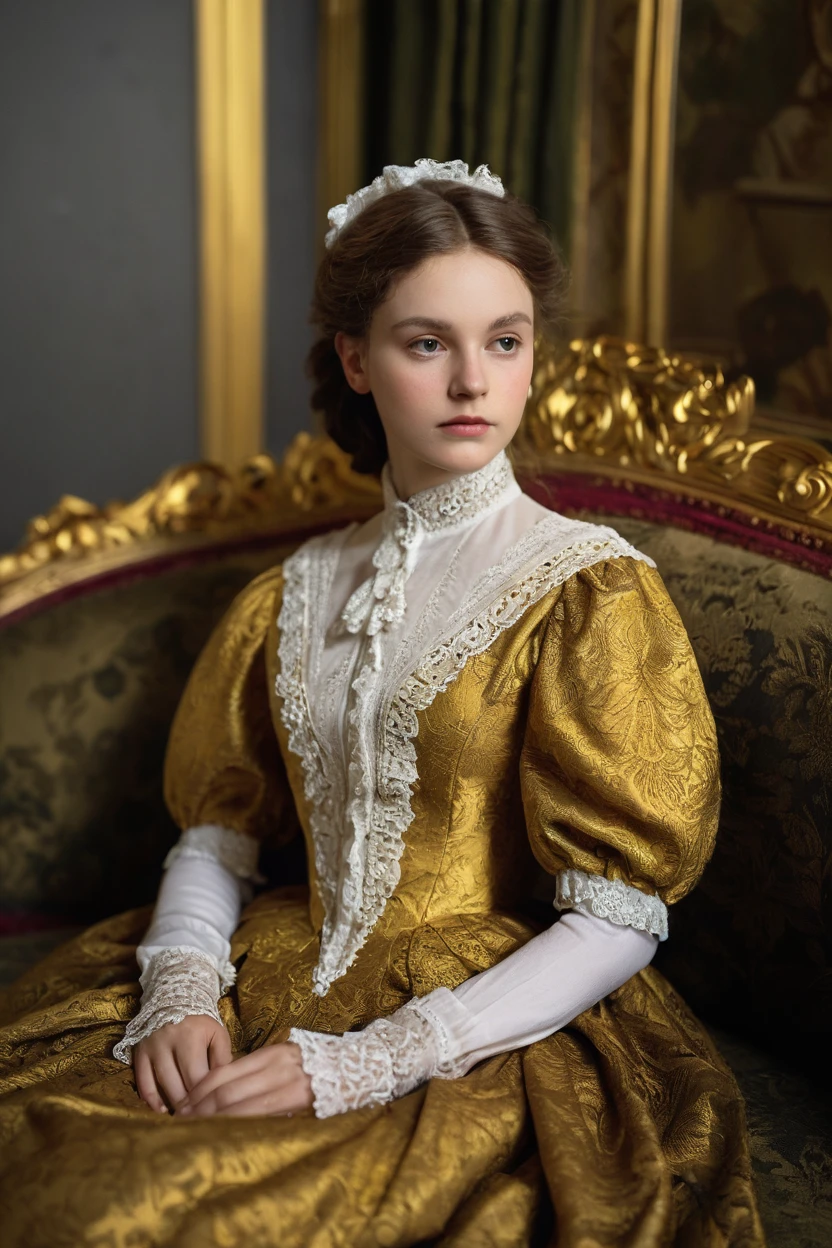 leogirl,RAW photo,realistic,hyperrealistic,photorealistic,high resolution,
masterpiece,best quality,high detail,top quality,asthetic,
An elegant girl from the Victorian period,Real skin can see pores,lounging in a golden sofa,wearing the iconic Victorian dress,(vivid colours dress:1.2),(intricated detail dress:1.1),blurred background,upper body,chiaroscuro effect