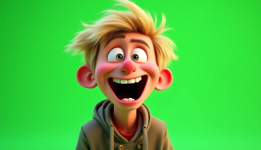 Im Stil von Pixar 3D- The animated film. Solid green background for greenscreen editing. A crazy young man looks into the picture. His look is joyfully manic, short blonde hair is disheveled.
