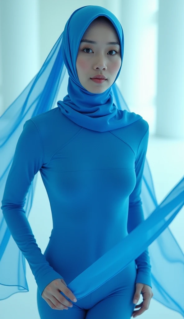 a beautiful asian muslimah woman with blue colour hijab wears blue colour unitard catsuit.She always wear blue colour hijab.She is crawling.