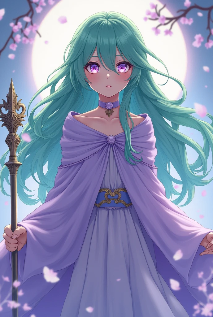 Woman with long hair down to her butt, anime styling, pretty,fly away, hair green,Lilac Eyes,white skin,lilac cloak,staff