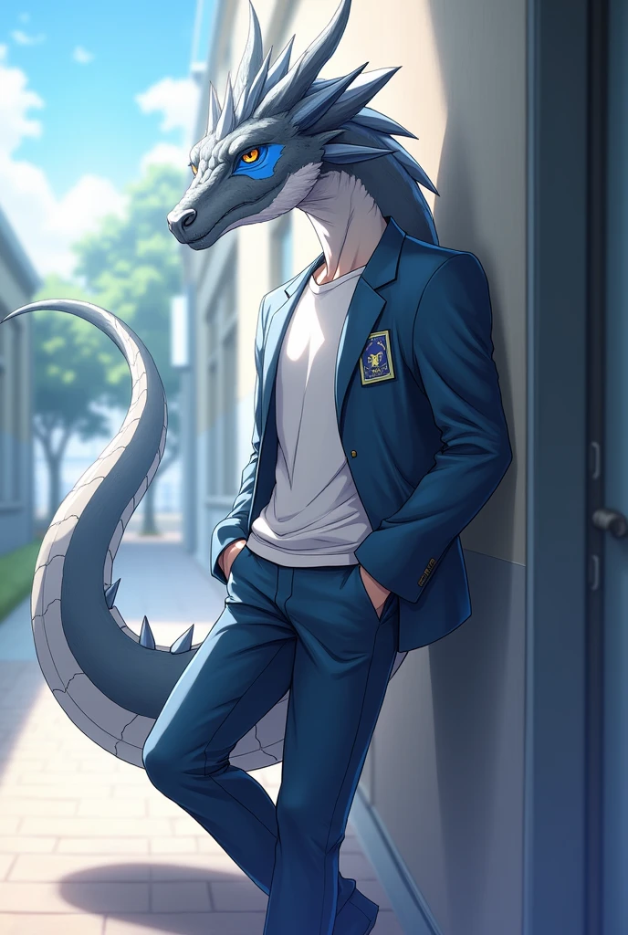 Male Dragon, gray color and white lines, there is a blue oval shape on his cheek, ideal body, high school student, so OSIS, wear high school student council uniform, wear school pants, he was reading a book while standing on one dragon claw, his eyes glanced, one more hand in the pocket, leaning against the wall, have one tail,there is an aura around him, with a beautiful atmosphere, graphic anime