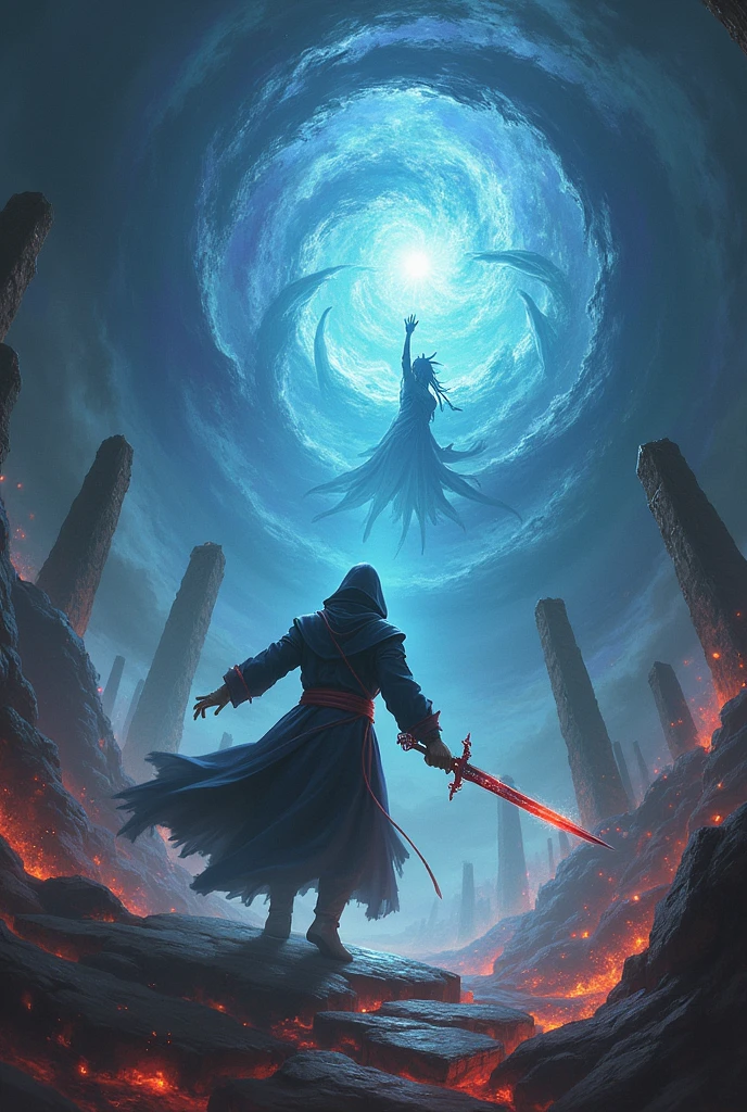 "A hooded assassin, wielding a sword infused with celestial energy, leaps through a swirling vortex of portals, pursuing a powerful sorceress who commands an army of shadowy illusions and ancient, mystical constructs."