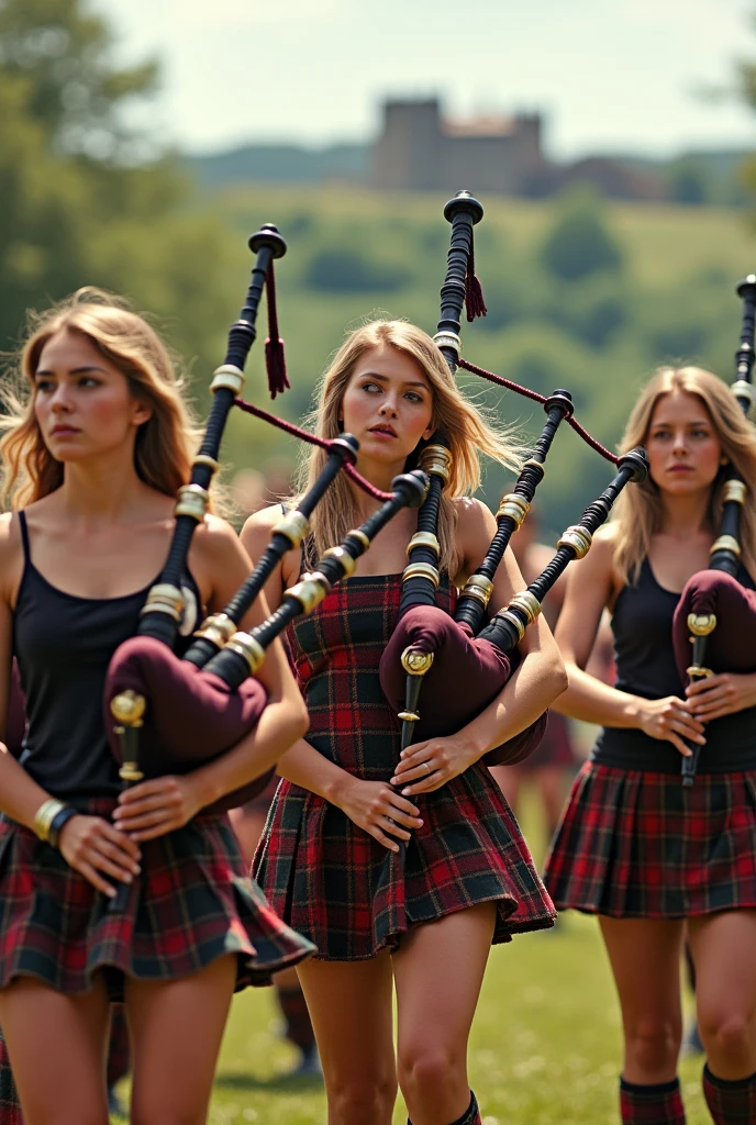 young women in minikilts playing bagpipes