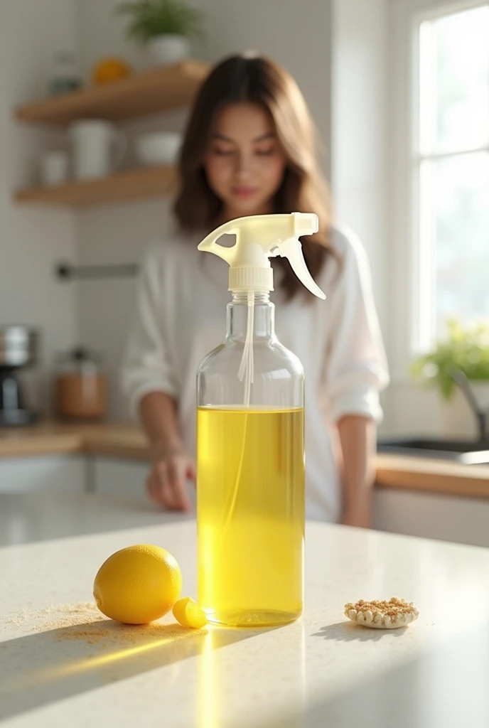 DISHWASH yellow transparent clear liquid bottle 
Kitchen background 
Lady 