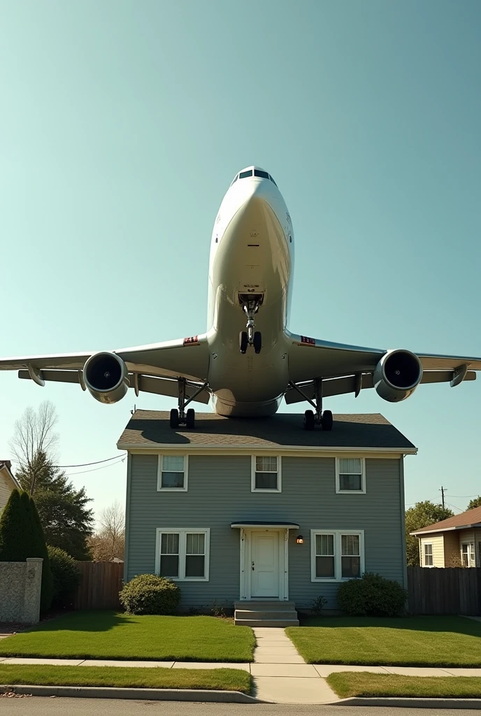 Airplane on the roop of a house