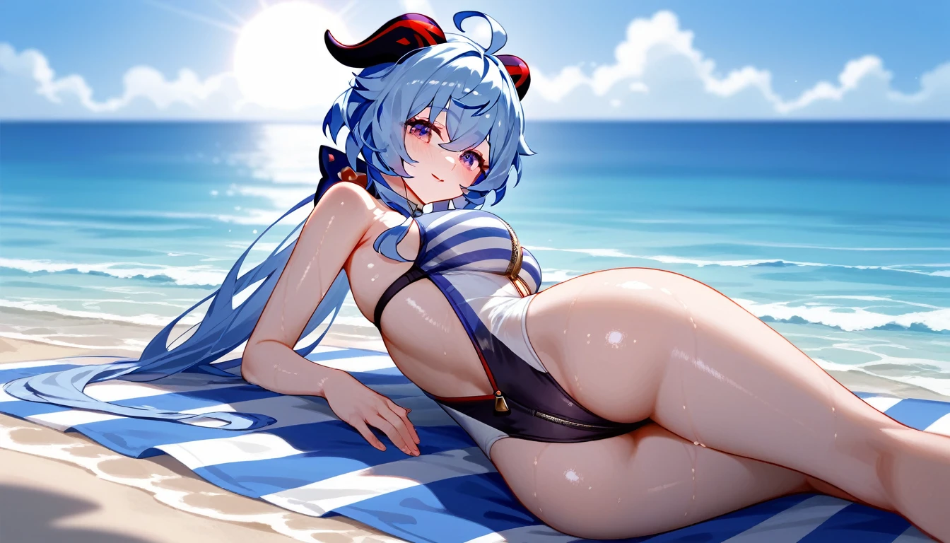 Highest quality, Highest quality, High quality illustrations, masterpiece, Ultra-high resolution, Detailed Background, Absurd, Perfect Anatomy, performance, Good lighting, Shadows in the movies, ganyu \(genshin impact\), Purple eyes, long hair, light blue hair, long ponytail, Brownish horns, alternate costume, wetsuit, covered arms and covered legs wetsuit, wetsuit with zipper, open zipper to the navel, navel exposed, showing her bra, bra under the wetsuit, white striped bra, clothed breasts, wet clothes,  wetlook, shiny wet, bewitching thighs, gleaming, shiny skin, beautiful legs, Happy look, blushing, Lying down, on side, ass side, low angle, ocean view, beach, Sun in the distance, flashes of light