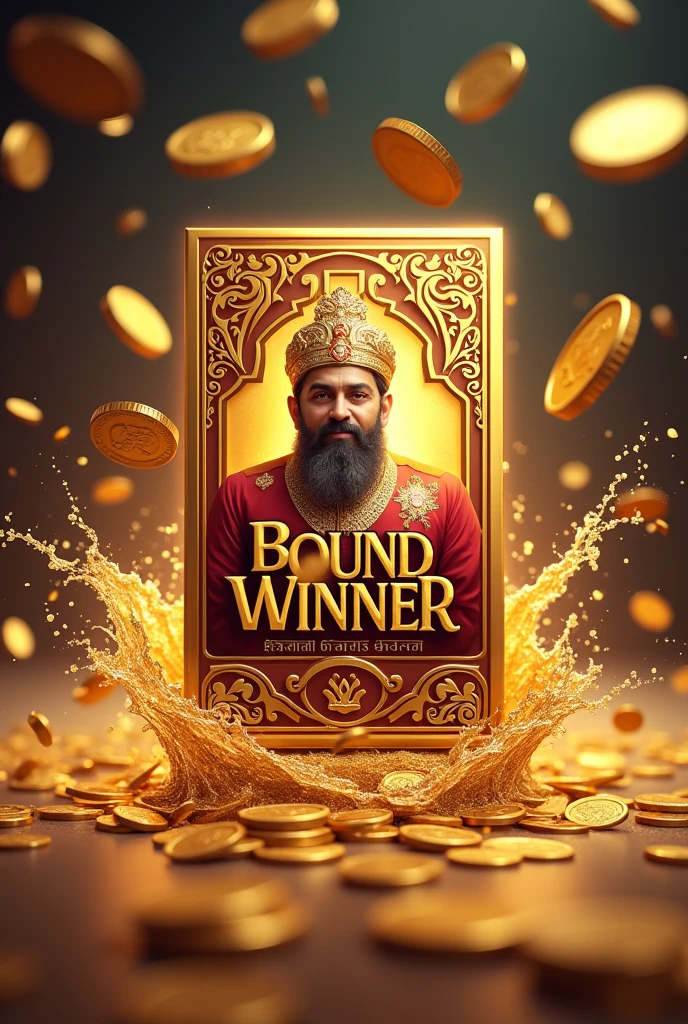 Write me bound winner on the front of the big ticket around splashing coins and tecket back in shahi big Prince and front in gold big box in coins splashing