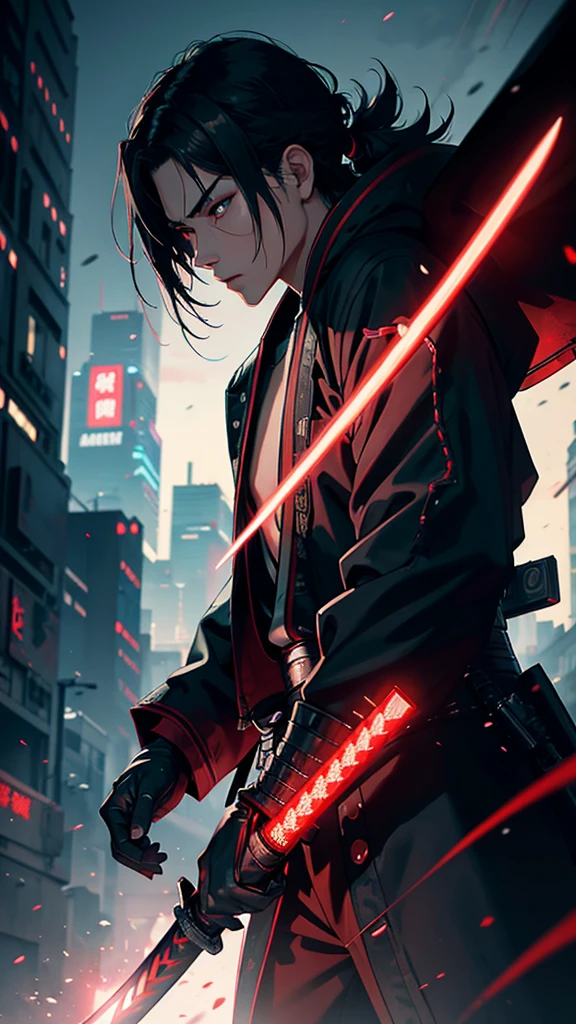 a close up of a man holding a katana in a city, very beautiful cyberpunk samurai, cyberpunk samurai, neon samurai, samurai jedi, full body of a cyberpunk samurai, samurai posed, Samurai warrior style, [ trending on cgsociety ]!!, sith lord. dramatic lighting, trending on artstation.', andreas rocha style, urban samurai, cyborg samurai, inspired by Kanō Hōgai,