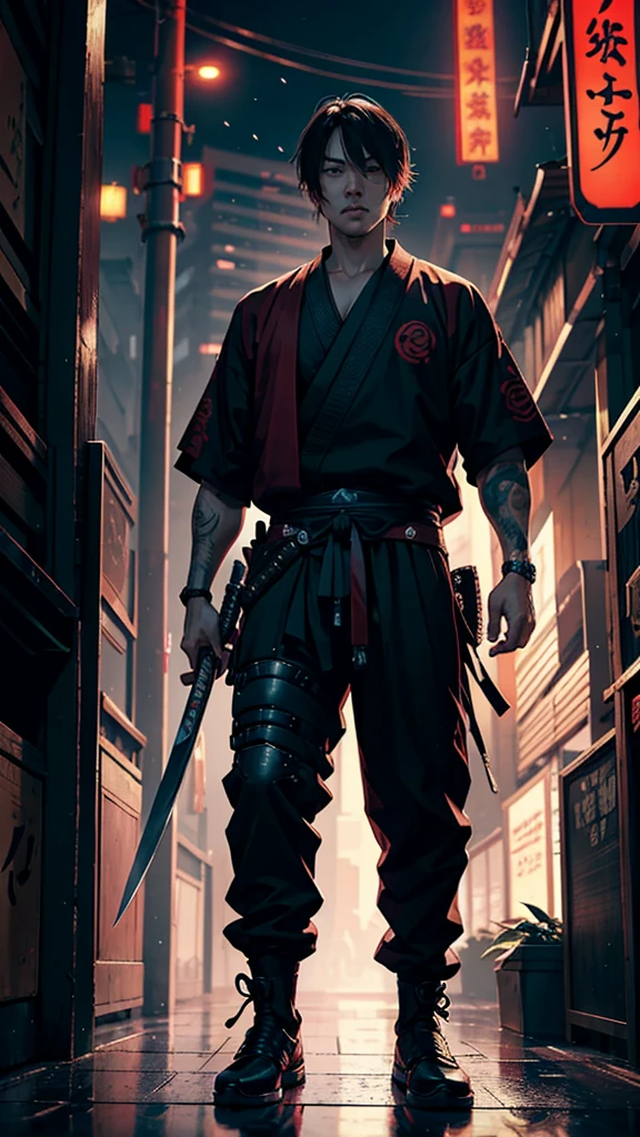 a close up of a man holding a katana in a city, very beautiful cyberpunk samurai, cyberpunk samurai, neon samurai, samurai jedi, full body of a cyberpunk samurai, samurai posed, Samurai warrior style, [ trending on cgsociety ]!!, sith lord. dramatic lighting, trending on artstation.', andreas rocha style, urban samurai, cyborg samurai, inspired by Kanō Hōgai,