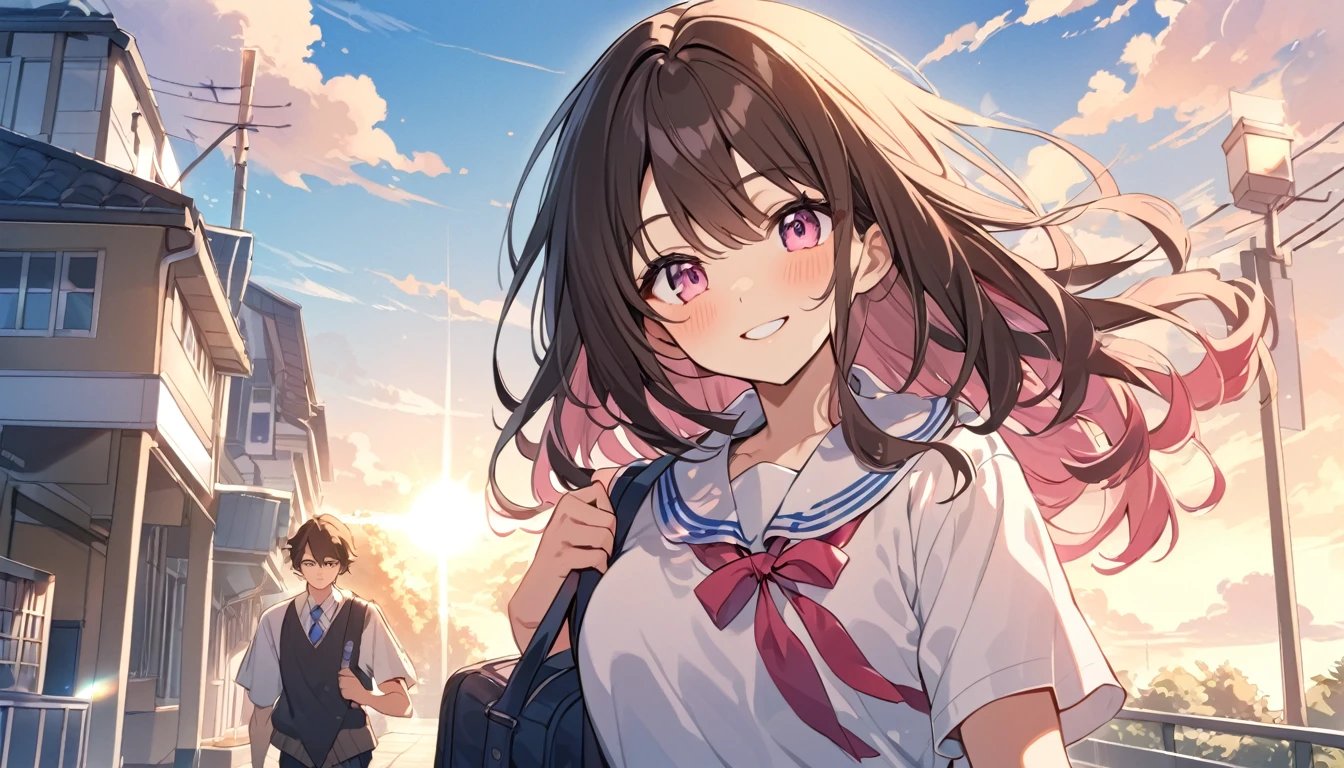 high school student,1 male,1 female,Medium Hair, Dark brown hair, Pink highlights on the tip, Pale pink eyes,Smile Facial,Blue Sky Morning,Light of the sun,seihuku,Going to school