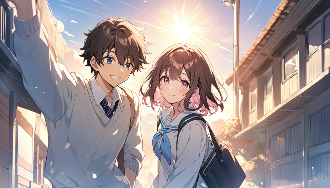 high school student,1 male,1 female,Medium Hair, Dark brown hair, Pink highlights on the tip, Pale pink eyes,Smile Facial,Blue Sky Morning,Light of the sun,seihuku,Going to school