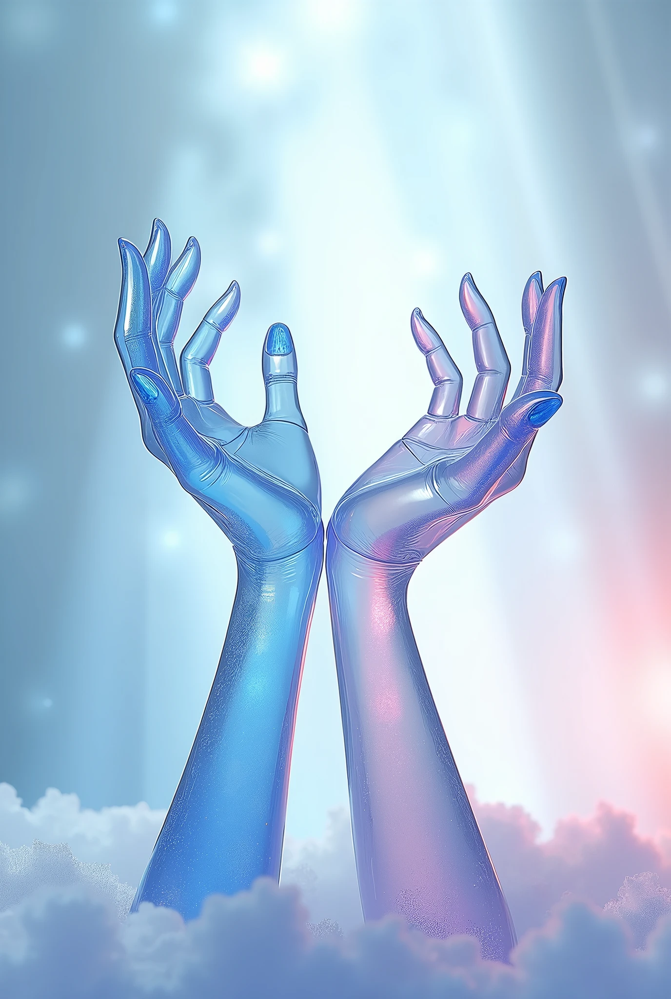 Two crystal hands holding up in the air, made of glass, sapphire, transparent background, Light-blue pink tone