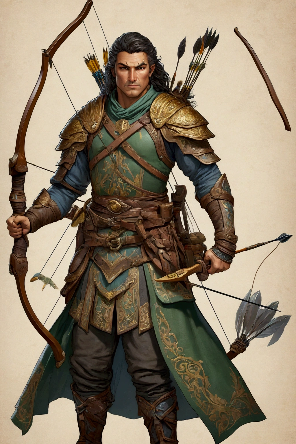 character design sheet by human archer, best qualityer, work of art, Representative work, offcial art, proffesional, ultra intricate detailed, 8k