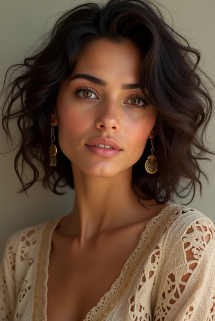 Moroccan features: fair to medium skin, hair that is often dark and curly or wavy. They may have brown or green eyes, and facial features that include straight or wide noses, and prominent cheekbones.