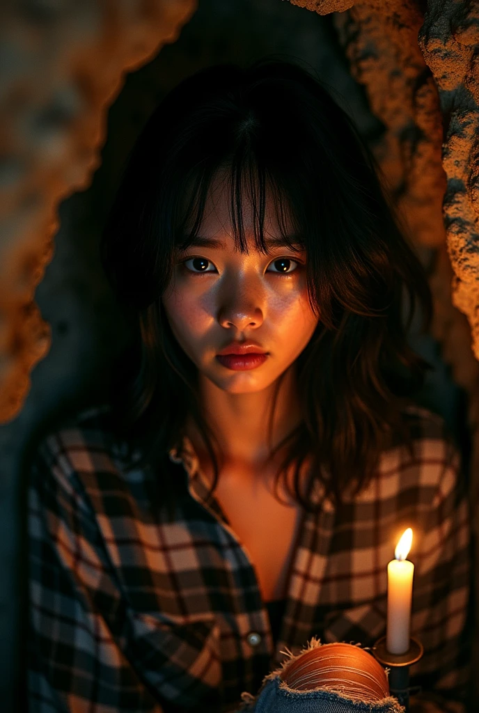 Vietnam young woman, (troubled facial expression), textured skin, goosebumps, black hair, plaid flannel shirt with distressed boyfriend jeans, cowboy shot, dark and mysterious cave with unique rock formations and hidden wonders, perfect eyes, (candlelight,chiaroscuro), Porta 160 color, shot on ARRI ALEXA 65, bokeh, sharp focus on subject, shot by Don McCullin
