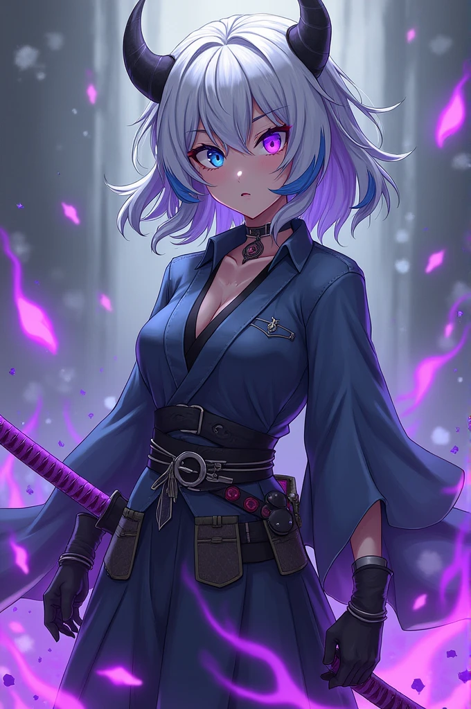 Kitmesu no yaiba girl with one blue eye and one purple eye with a scar on her face and her white hair with blue tips and a purple lock, her hunter uniform combined with Sanemi's osntalon and Mitsuri's shirt with dull colors and her purple katana plus her ahori with purple flames and ice cubes full body KITMESU NO YAIBS GIRL