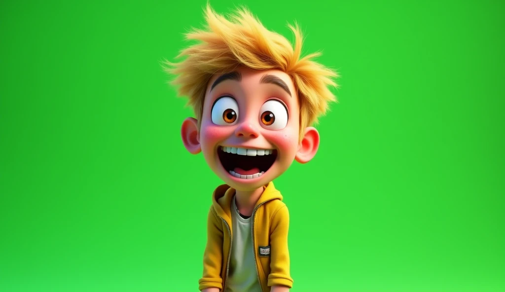 Im Stil von Pixar 3D- The animated film. Solid green background for greenscreen editing. A crazy young man looks into the picture. His look is joyfully manic, short blonde hair is disheveled.