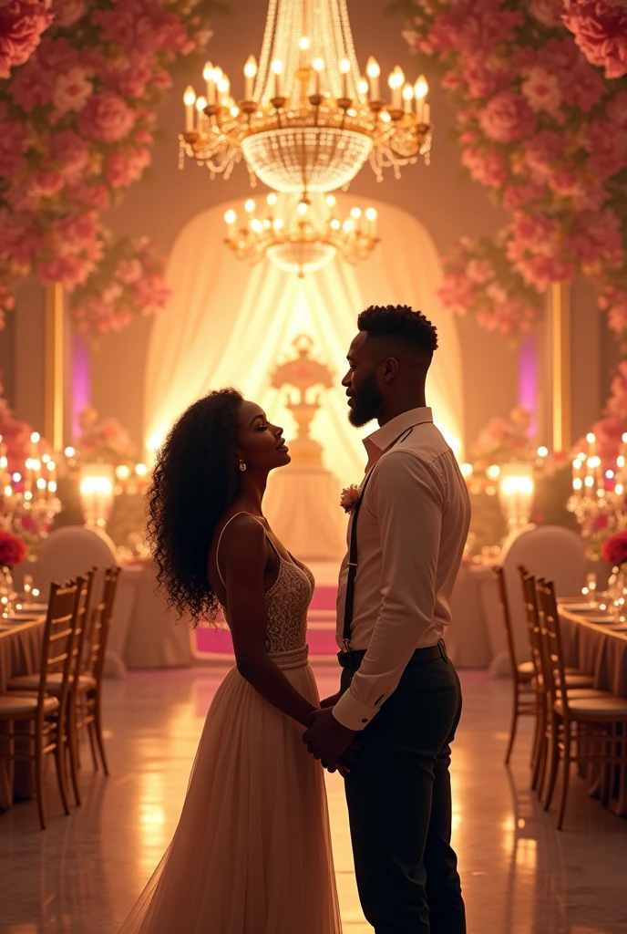 Generate an image of a beautiful black woman and handsome black man in a place full of luxurious weddjng decorations setting making preparations for the wedding without them in wedding dresses. They should be wearing casual clothes just observing the decorations. Make it colorful