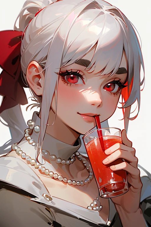 (Highest quality, masterpiece:1.2), High resolution, 最高masterpiece、Very detailed, Realistic:1.37, Fantasy, An illustration,Gray Hair、 Red eyes、Queen, Red dress、beautifully、Eyeshadow Red、Thick eyebrows、Long eyelashes、pupils are black、shiny on the lips、Top Sites、Queen、Princess、A kind smile、Soft impression、people々々々々々Loved by、Slimming the face、Shoulder Bare、ponytail、Kissing Face、Long white hair、Shaggy Bangs、(Save face image).(Training camp)、(A kind smile)、(Background white)、((Pearl Necklace)).((Drink a drink)).