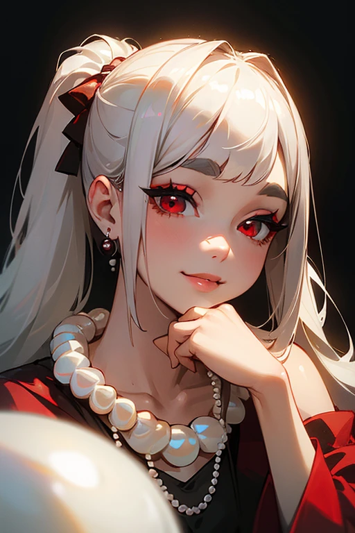 (Highest quality, masterpiece:1.2), High resolution, 最高masterpiece、Very detailed, Realistic:1.37, Fantasy, An illustration,Gray Hair、 Red eyes、Queen, Red dress、beautifully、Eyeshadow Red、Thick eyebrows、Long eyelashes、pupils are black、shiny on the lips、Top Sites、Queen、Princess、A kind smile、Soft impression、people々々々々々Loved by、Slimming the face、Shoulder Bare、ponytail、Kissing Face、Long white hair、Shaggy Bangs、(Save face image).(Training camp)、(A kind smile)、(Background white)、((Pearl Necklace)).((Drink a drink)).