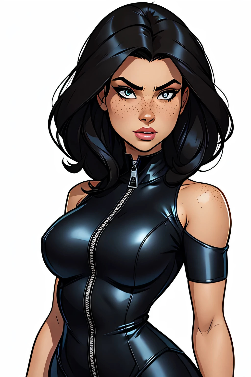 Thin woman, age 25, 4K (High definition), thoughtful, seducing gaze, eyes browns, wearing black dress (with zipper) with princess neckline and short sleeves, arms positioned at the side of the body, Caucasian skin, straight black hair down to shoulder length, standing (upper body), full of curves with freckles across her chest and neck, round breasts. Marvel style high quality, white background.