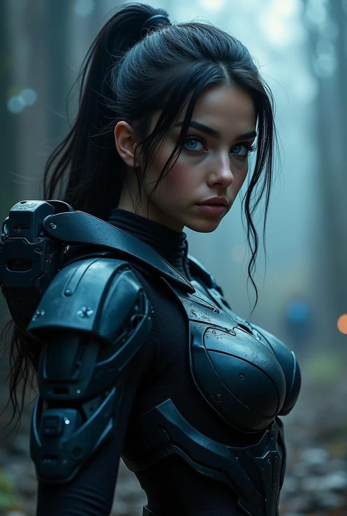 high quality, 8K Ultra HD, beautiful detailed face, blue gorgeous perfect eyes, (black hair ponytail), (attractive young woman:1.3), (thick amazing hair), (seductive:1.1), (blushing:1.1) halo spartan armor, halo weapons,  "Creepy and intense alien invasion scene with dark atmosphere, dramatic lighting, and intense action 