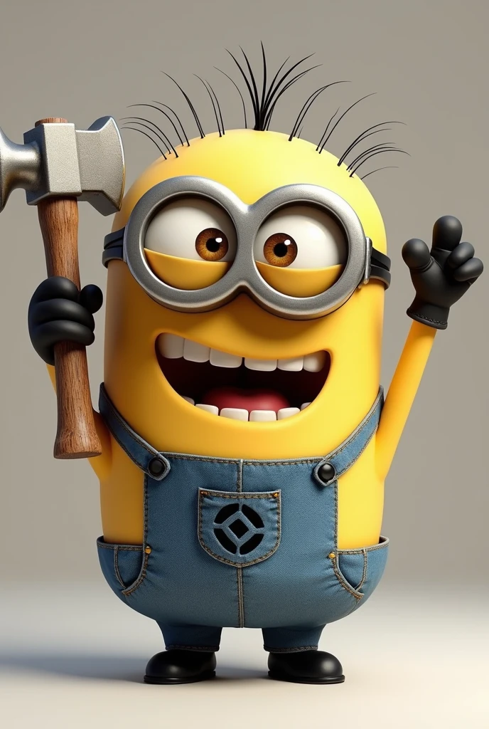 hyper rrealistic minion from despicible me very happy holding hammer