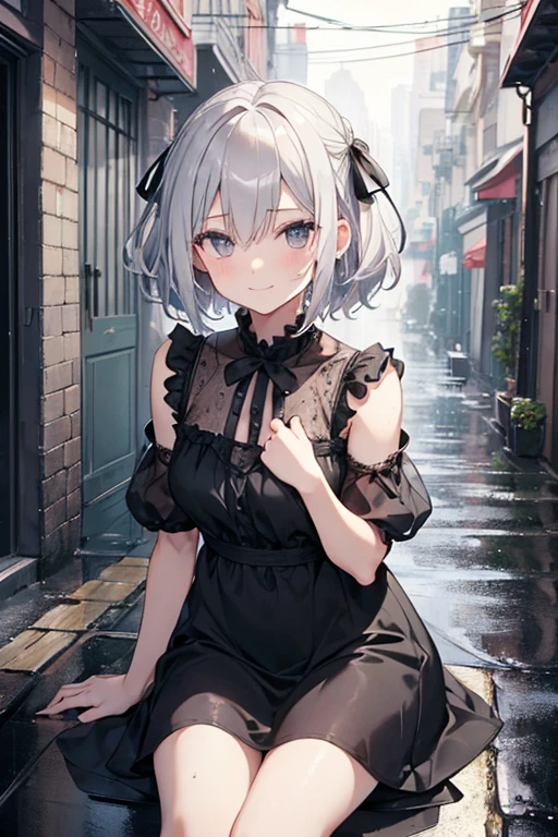 best quality, masterpiece, golden ratio, the girl, silver hair, short hair, beautiful hair, black ribbon, short stature, rainy day back alley, sitting, knees in her arms, gloomy smile, wet skin, gray eyes, white one-piece dress, on black tattered sofa, rain
