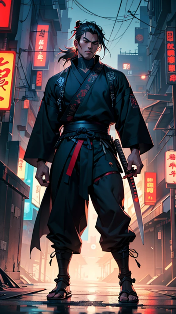 a close up of a man holding a katana in a city, very beautiful cyberpunk samurai, cyberpunk samurai, neon samurai, samurai jedi, full body of a cyberpunk samurai, samurai posed, Samurai warrior style, [ trending on cgsociety ]!!, sith lord. dramatic lighting, trending on artstation.', andreas rocha style, urban samurai, cyborg samurai, inspired by Kanō Hōgai,