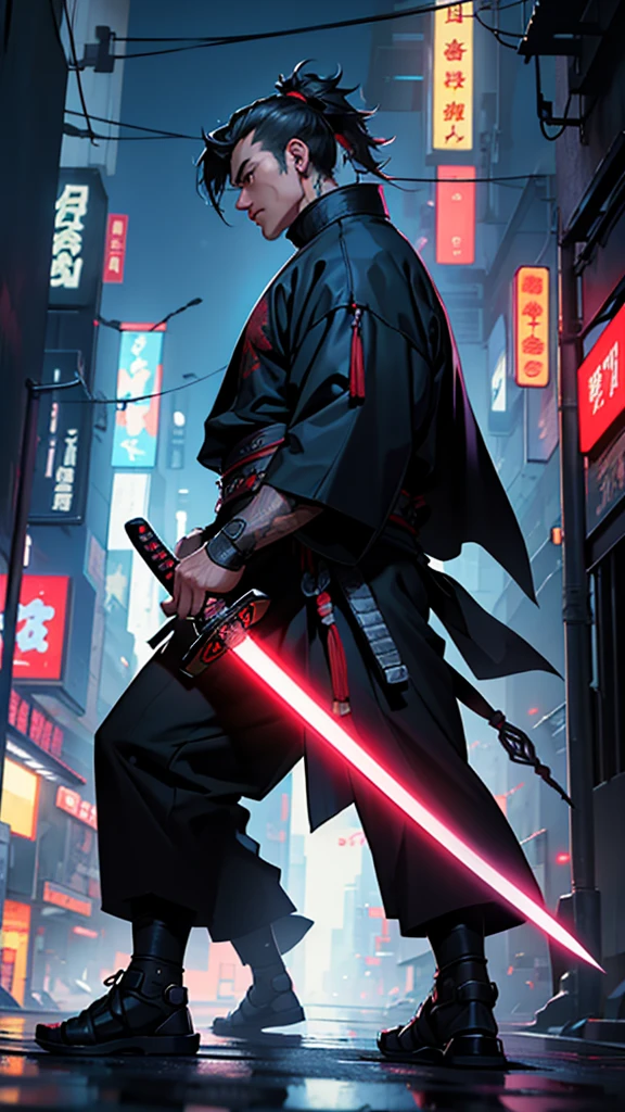 a close up of a man holding a katana in a city, very beautiful cyberpunk samurai, cyberpunk samurai, neon samurai, samurai jedi, full body of a cyberpunk samurai, samurai posed, Samurai warrior style, [ trending on cgsociety ]!!, sith lord. dramatic lighting, trending on artstation.', andreas rocha style, urban samurai, cyborg samurai, inspired by Kanō Hōgai,