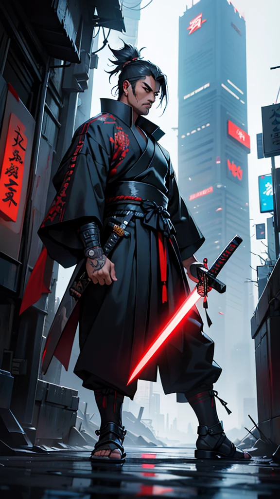 a close up of a man holding a katana in a city, very beautiful cyberpunk samurai, cyberpunk samurai, neon samurai, samurai jedi, full body of a cyberpunk samurai, samurai posed, Samurai warrior style, [ trending on cgsociety ]!!, sith lord. dramatic lighting, trending on artstation.', andreas rocha style, urban samurai, cyborg samurai, inspired by Kanō Hōgai,