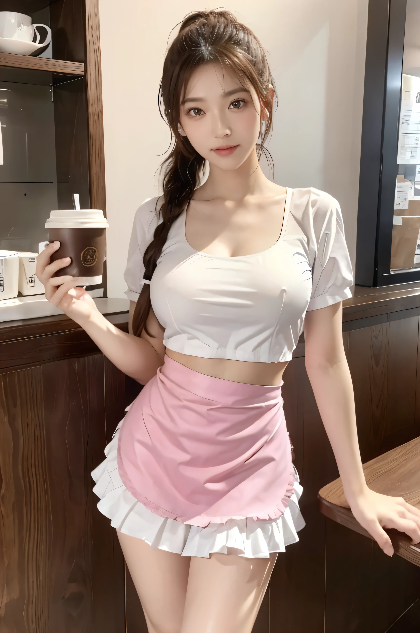 (Ultra HD), (Looking at me), (The whole body is shown), (Pink waitress:1.2, Apron with white frills), Super beautiful breasts, Big Breasts, slender, Narrow waist, (Thin legs:1.2), (Thin thighs:1.2), (Thin Hips:1.4), (Beautiful Skin, Shiny skin, White skin), (Super slim face, Super beautiful face, No makeup, Smile:0.8), (light brown, ponytail, Layered Cut, Fluffy hair), (double eyelid, Slanted Eyes), Small Nose, Thin lips, Are standing, Coffee shop