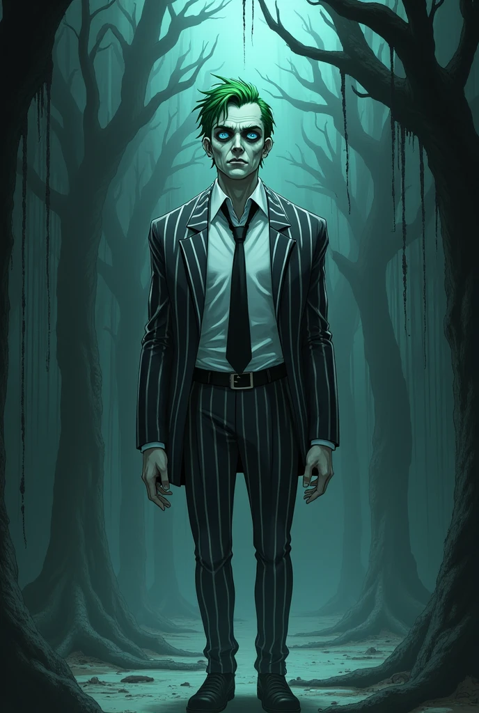 A very scary man is wearing a white shirt with an open suit with large black and white stripes. He is also wearing a black tie. Pants with large black and white stripes. Black and white shoes. He has green hair, white skin. He has dark circles under his eyes. Blue eyes. He is in a haunted place. The image has to be in an anime. Birojuice. Birojuice. Birojuice.