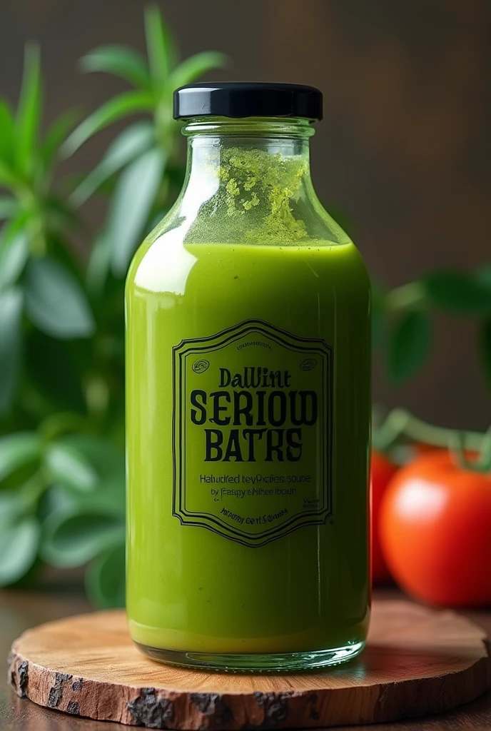 a glass bottle filled with green seafood sauce, close-up shot, photorealistic, 4k, hyperrealistic, detailed, intricate, vivid colors, glossy, reflective surface, glass bottle with label, glass bottle with lid, glass bottle with liquid, glass bottle on wooden surface, studio lighting, professional product photography without sheets