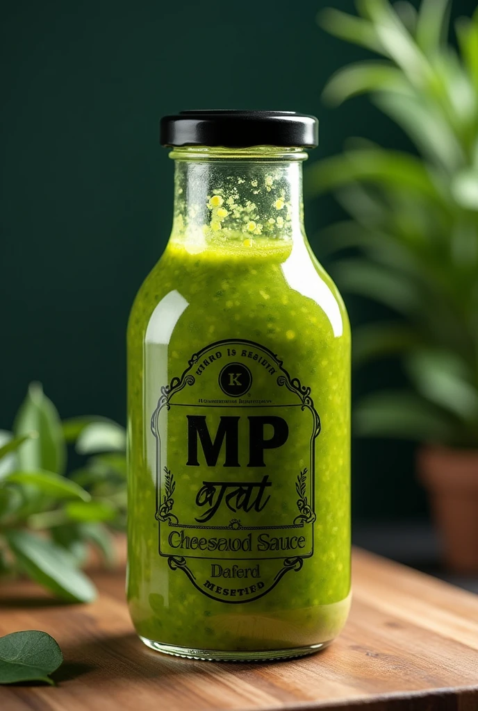 a glass bottle filled with green seafood sauce, close-up shot, photorealistic, 4k, hyperrealistic, detailed, intricate, vivid colors, glossy, reflective surface, glass bottle with label, glass bottle with lid, glass bottle with liquid, glass bottle on wooden surface, studio lighting, professional product photography without sheets