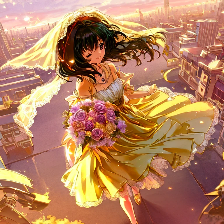 rooftop, 1girl, alone, rooftop railings, standing, (standing from the left side, from side, from above:1), looking at viewer, mature, (dutch angle, leaning in, reaching out), transparent veil, nice hands, perfect hands, right hand holding bouquet, left hand facing palm, reaching out to viewer, gown dress, long dress, black hair, short hair, pixie hair, black eyes, floor, golden yellow dress, gold dress, dress made of gold, medium skin tone, old anime artstyle, wedding veil, veil, (holding bouquet, right hand reaching out to the viewer, left hand holding bouquet:1), autumn girl, cumulonimbus, orange pink purple sky hue, sunset sky, beautiful sky, dramatic sunset lighting, petite, slender, bodice, sarong, burmese girl, longyi, autumn, moe art style, small blush, necklace, golden necklace, bird necklace, eyelashes, a necklace with a shape of a bird, 2000s anime artstyle, rooftop wedding, smile, grin, blunt bangs, lace, close up, half-closed eyes, long veil, long sleeves, lace sleeves, bag under eyes, big eyes, lace cape, white lace, yellow wedding dress, burmese traditional dress, wavy side hair, very short hair, solo, golden hour, golden lighting, wedding, wedding on rooftop, nostalgia, impossible clothes, gold, golden, sad, dramatic, romantic, flowers, tilted angle, flower bouquet, holding, evening, (Dark Fantasy), (80s Style), (Sci-Fi), (Noise Effect:0.5), (VHS Grain Effect:0.5), sunset,goldenhour,grainy blurry nostalgic effect, pixiv, conceptual art, anime full body illustration, gapmoe yandere grimdark, cel shaded anime, full body!!, anime moe artstyle, in dress, gapmoe yandere, full body concept, Angel's egg art style, Anime,(Dark Fantasy), (80s Style), (Sci-Fi), (Noise Effect:0.5), (VHS Grain Effect:0.5), moe art style, 2000s anime art style