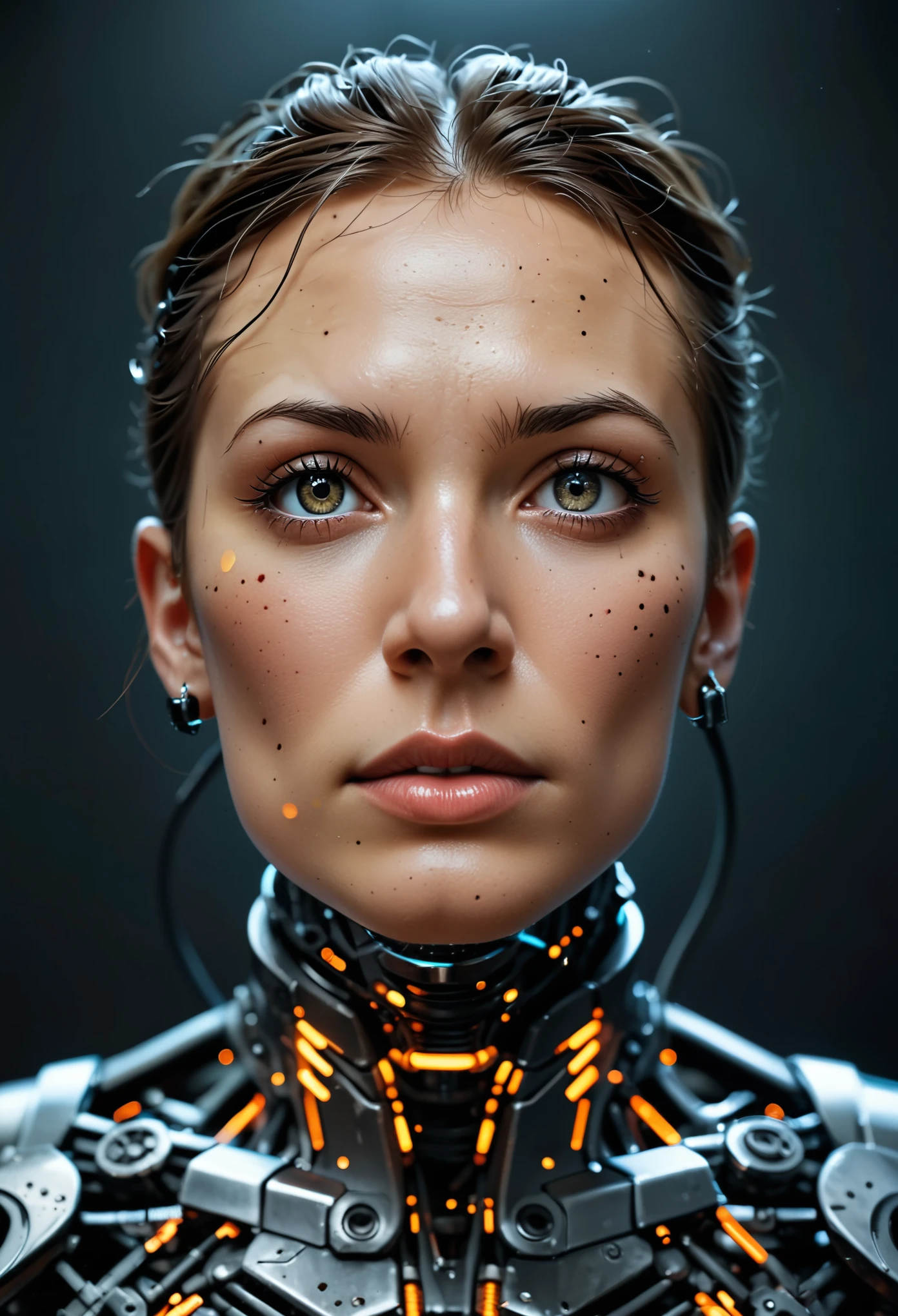 A futuristic cyborg's face fills the frame, split by a metallic-organic dichotomy. Metallic half: gears whirring, wires snaking, mechanical parts clicking. Organic half: black ink tattoos swirl, symbols blend seamlessly into metal. Eyes: cybernetic gold glow on one side, piercing natural intensity on the other. Red-black abstract background complements the face. High contrast emphasizes intricate details: circuitry patterns, shapes, and gears merge in a technological-human fusion.