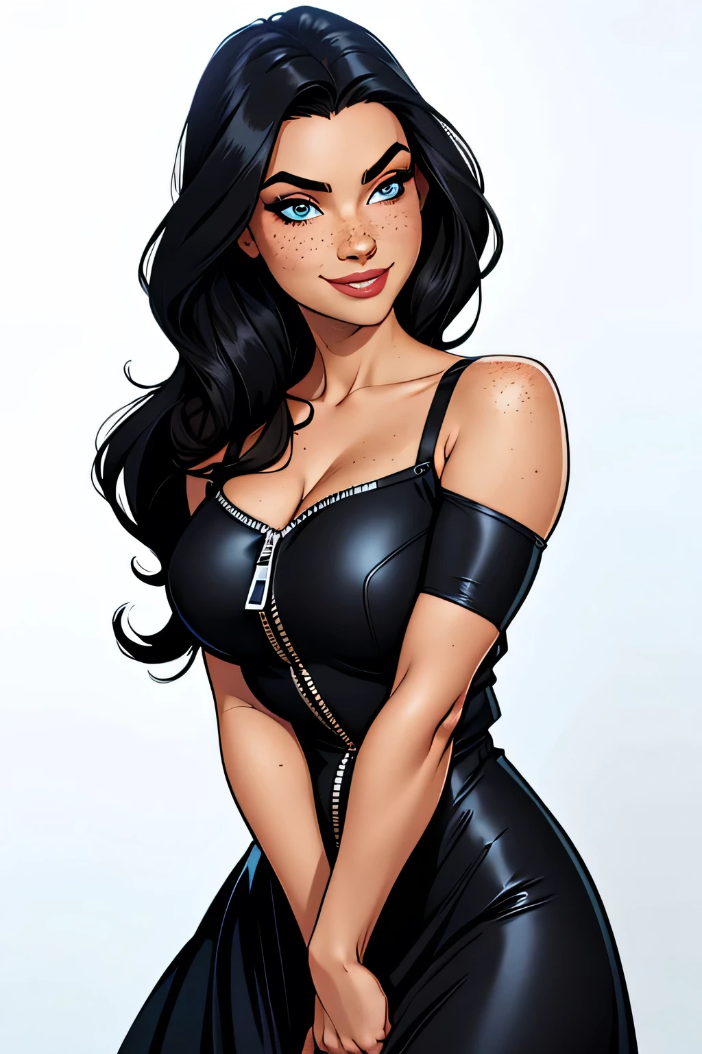 Thin woman, age 25, 4K (High definition), mysterious smile, seducing gaze, eyes browns, wearing black dress (with zipper) with princess neckline and short sleeves, arms positioned at the side of the body, Caucasian skin, straight black hair down to shoulder length, standing (upper body), full of curves with freckles across her chest and neck, round breasts. Marvel style high quality, white background.