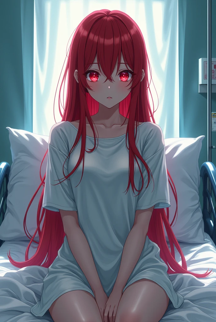 Anime character woman with long red hair and red eyes dressed as a hospital patient sitting on a bed in a hospital