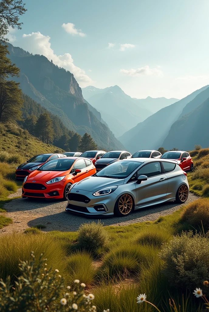 Ford Fiesta of all generations together with a beautiful landscape lowered and with BBS 17 wheels